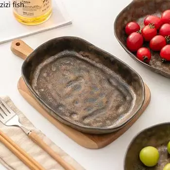 Винтажная ржавая глазурованная керамическая глубокая тарелка, нестандартная тарелка для суши, тарелка для приготовления рыбы, салатные тарелки, специальная столовая посуда