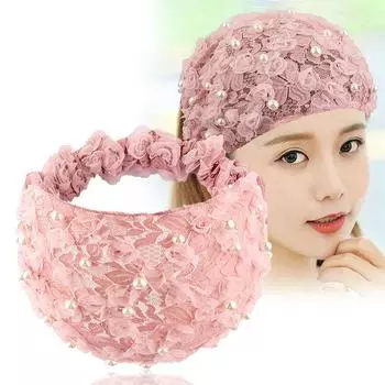 Винтажная сетчатая жемчужная широкая боковая повязка для девочек и женщин, повязка на голову с цветком, корейская кружевная повязка на голову фиолетовый