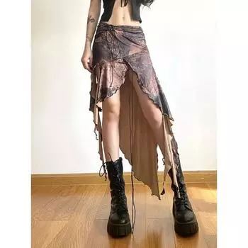 Винтажная сексуальная уличная одежда для отдыха, женские юбки в американском стиле ретро в стиле Харадзюку, нерегулярный дизайн с рюшами, бандажная юбка, лето 2024 S коричневый