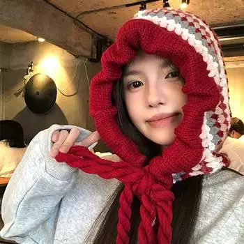 Винтажная шапка-балаклава женская осенне-зимняя цветная утолщенная теплая вязаная шапка ручной работы из шерсти Баотоу M55-59cm красный