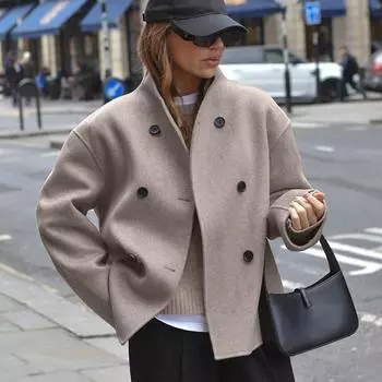 Винтажная шерстяная стеганая куртка-бомбер женская толстая двубортная смешанная куртка женская однотонная теплая осенне-зимняя верхняя одежда с длинными рукавами S хаки