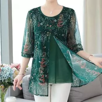 Винтажная шифоновая футболка с цветочным принтом и половиной рукава, летняя повседневная модная модная футболка из двух предметов с круглым вырезом, женская одежда XL красный