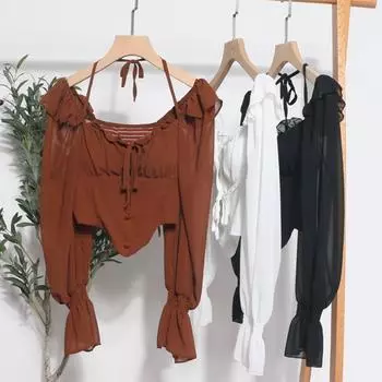 Винтажная шифоновая рубашка с расклешенными рукавами на шее и открытой спиной, женская сексуальная блузка с рюшами в стиле Харадзюку, узкие женские укороченные топы с эластичной резинкой на талии 27722 One Size чёрный
