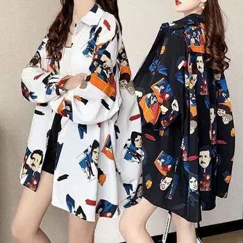 Винтажная шикарная уличная одежда в стиле Харадзюку с забавным принтом, рубашка на пуговицах в стиле гранж Y2K, модная туника с длинным рукавом, топ, блузка, женская блузка M белый