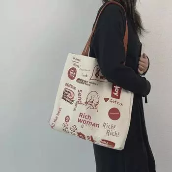 Винтажная симпатичная сумка через плечо в японском стиле из холста для женщин, большая вместительная сумка для студенческих книг с иллюстрацией корейских элементов