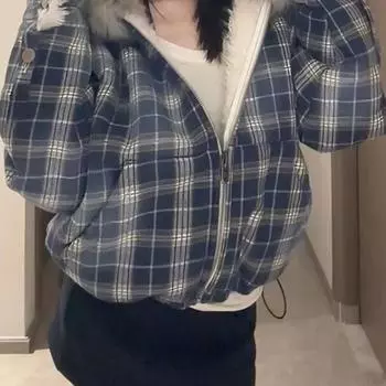 Винтажная синяя клетчатая куртка из овечьей шерсти для женщин на осень и зиму с меховым воротником и капюшоном на молнии S