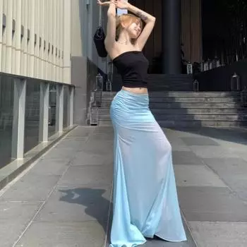 Винтажная синяя кружевная юбка для женщин Y2K, сексуальная длинная юбка с высокой талией, для вечеринок, клубов, уличной одежды, элегантных офисных леди, макси-юбок S синий