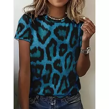 Винтажная синяя леопардовая женская футболка с принтом 2024 года, летняя повседневная женская футболка с коротким рукавом и круглым вырезом, уличная одежда, пуловеры, топы S