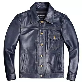 Китайский размер винтажная синяя мужская кожаная куртка из натуральной коровьей кожи короткое пальто с узкими лацканами рабочая одежда куртки из натуральной телячьей кожи S чёрный
