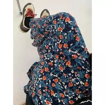 Винтажная синяя юбка с цветочным принтом 2000-х годов для женщин, новые летние юбки трапециевидной формы с высокой талией, ленивые универсальные свободные юбки средней длины Faldas Mujer XS синий