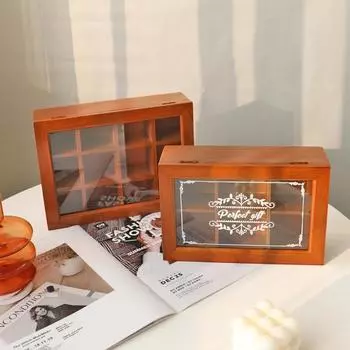 Винтажная скандинавская деревянная настольная шкатулка для хранения ювелирных изделий с откидной крышкой, стеклянная крышка с узором из девяти сеток