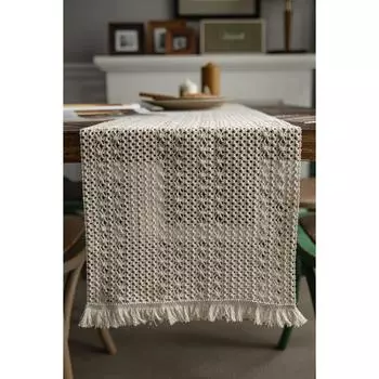 Винтажная скатерть-бегун из необработанного хлопка, вязаная с кружевными кисточками, кремовый декор для обеденного стола, 37x150 см