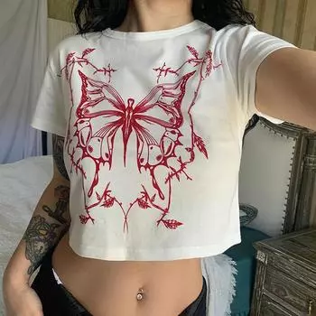Винтажная сказка, гранж, принт бабочки, короткий рукав с круглым вырезом, приталенный укороченный топ, футболка в стиле Харадзюку в стиле панк S чёрный