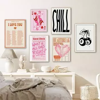 Винтажная старая мода Диско Бильярд Покер Плакаты Настенное искусство Розовые сердца Вишневый холст Картина Клуб Бар Картины Декор для спальни 21x30cm No Framed