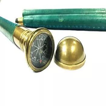 Винтажная старинная деревянная трость с латунной ручкой и круглой ручкой компаса с деревянной тростью в зеленой коже