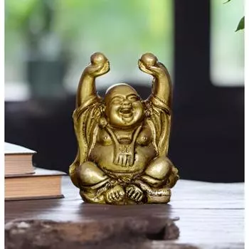 Винтажная статуэтка Смеющегося Будды из цельного латунного металла: Предвестник Мудрости и Богатства - Используйте как Домашний Декор, Выставочный Экспонат для Фэн-шуй, Золотая Отделка