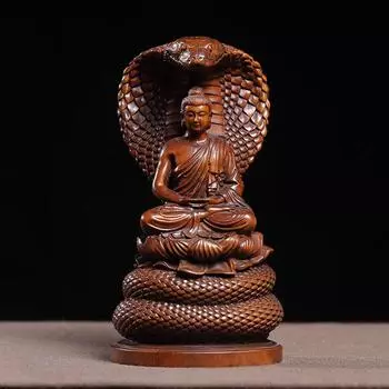 Винтажная статуя Змеиного Будды, Хуанъян (Самшит), Деревянная резьба, скульптура Будды в античном стиле светло-серый