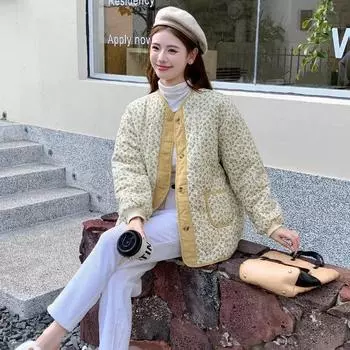 Винтажная стеганая куртка с желтым цветком, женская толстая теплая свободная зимняя хлопковая подбитая куртка, корейская однобортная парка, верхняя одежда S светло-желтого