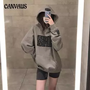 Винтажная стеганая толстовка женская больших размеров осень-зима с принтом и капюшоном свободный топ