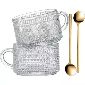Винтажная стеклянная кофейная кружка с ложками 15,2 унции, прозрачная рельефная чашка для чая, сока, хлопьев, йогурта, напитков, рождественские подарки на День благодарения 450ml