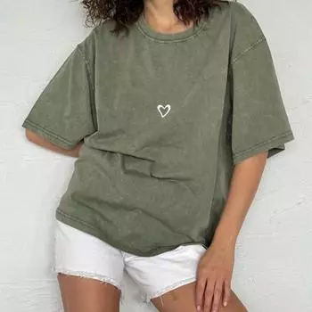 Винтажная стираная и старая повседневная женская футболка с короткими рукавами, летние топы с круглым вырезом и половиной рукавов Love L зелёный