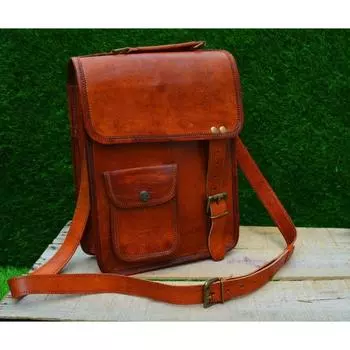 Винтажная сумка через плечо из натуральной кожи козьего цвета для ноутбука 4 x 9 x 11 in коричневый