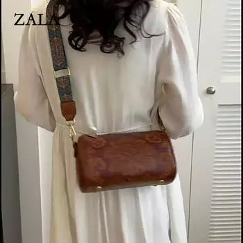 Винтажная сумка через плечо с цветочным тиснением в этническом стиле, цилиндрический кошелек, женская сумка на плечо с широким ремешком 23x11.5x14.5cm коричневый