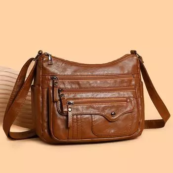 Винтажная сумка через плечо с регулируемым ремнем, множеством карманов на молнии, однотонная, повседневная чёрный