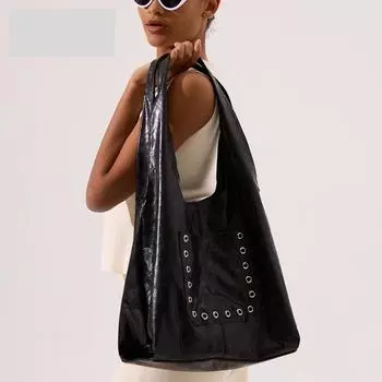 Винтажная сумка через плечо с заклепками, модная сумка для мотоцикла, кожа с масляным воском, простая, большая вместительная сумка-ведро чёрный