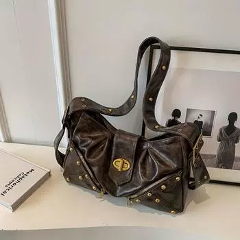 Винтажная сумка через плечо с заклепками, сумка через плечо из искусственной кожи Y2K, модная сумка через плечо с декором в виде пряжки