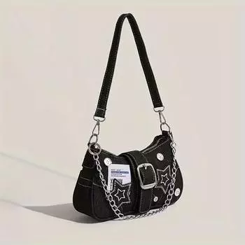 Винтажная сумка через плечо в стиле Y2K, стильная сумка для подмышек с пряжкой и звездным узором, с ремешком-цепочкой для женщин чёрный