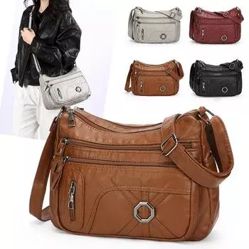 Винтажная сумка через плечо, женская сумка среднего возраста, мягкая кожаная многослойная сумка через плечо серый