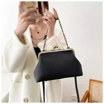 Винтажная сумка из мягкой кожи, новая сумка с рисунком личи, простая и универсальная сумка на плечо, женская сумка через плечо с цепочкой и зажимом чёрный