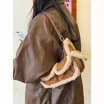 Винтажная сумка из овечьей шерсти и замши, женская новая зимняя сумка через плечо из замши с плетением, плюшевая сумка для поездок на работу коричневый