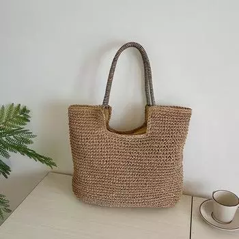 Винтажная сумка из соломы в стиле бохо для женщин, летняя дорожная сумка на плечо, большая вместимость, пляжная ротанговая сумка ручной работы, вязаная сумка-тоут 45*3*41cm хаки
