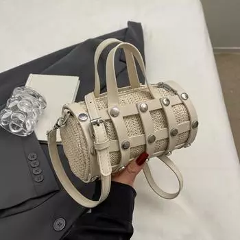 Винтажная сумка кроссбоди с заклепками для женщин, бохо, вязаная соломенная сумка, женская сумка на плечо для телефона, маленькая круглая сумка 20x10x11cm белый