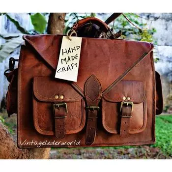 Винтажная сумка-мессенджер из козьей кожи, натуральная коричневая сумка-портфель для ноутбука, настоящий портфель 15 X 11 X 4 коричневый