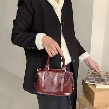 Винтажная сумка-подушка из вощеной коровьей кожи с верхним слоем, текстурированная сумка-бостон, сумка через плечо из натуральной кожи One Size чёрный