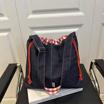 Винтажная сумка-ведро на шнурке, холщовая сумка кроссбоди в простом стиле, большая вместительная сумка-тоут для женщин для путешествий 29.5x9x31cm синий