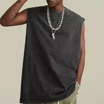 Винтажная свободная футболка без рукавов с кислотной стиркой, повседневные мужские футболки с круглым вырезом, летние майки S темно-серого