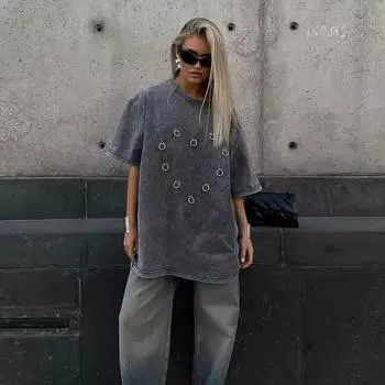Винтажная свободная хлопковая футболка с принтом, женская черная рубашка с коротким рукавом и круглым вырезом, новая летняя уличная мода, топы, однотонная повседневная базовая футболка S промывают черный