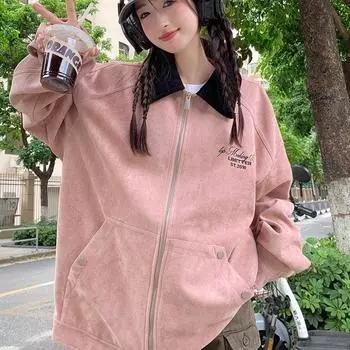 Винтажная свободная розовая рабочая куртка для женщин, повседневная осенняя верхняя одежда M розовый