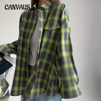 Винтажная свободная рубашка с лацканами, весенне-осенняя клетчатая женская рубашка с длинными рукавами и карманами S зелёный