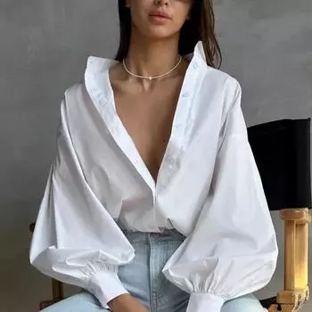 Винтажная свободная рубашка с рукавами-фонариками для женщин, модная элегантная белая блузка с круглым вырезом, женская уличная однотонная повседневная рубашка на пуговицах, топы 24641 S белый