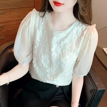 Винтажная свободная шифоновая рубашка с рукавами-фонариками для женской летней одежды, новые модные повседневные рубашки с бисером, элегантная блузка с круглым вырезом, женские топы 24453 S абрикосовый