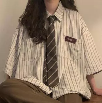 Винтажная свободная женская рубашка в полоску с коротким рукавом S