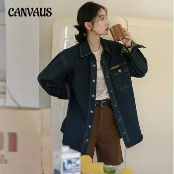 Винтажная темно-синяя джинсовая куртка, женская свободная повседневная блузка на весну и осень, рубашка S темно-синий