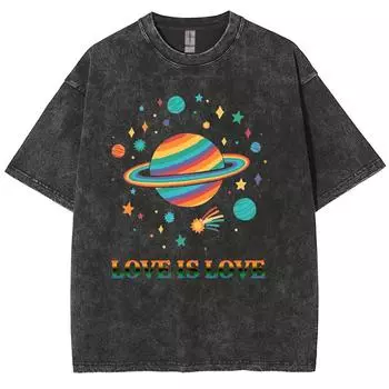 Винтажная текстура Свободная повседневная футболка Круглый вырез Принт разноцветными буквами Космическая планета Большой размер Унисекс Американский ретро S
