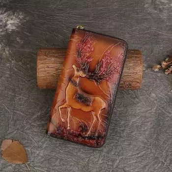 Винтажная тисненая сумка для денег из натуральной кожи с верхним слоем из коровьей кожи, длинная молния, зажим для денег, большая вместительная сумка-клатч коричневый