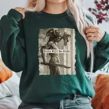 Винтажная толстовка для девочек «Девочки останутся девочками», феминистский свитер, толстовки для расширения прав и возможностей женщин, повседневный пуловер с длинным рукавом, феминистские толстовки S темно-зеленого